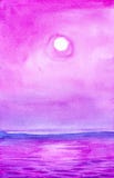 Duidelijke maanbeschenen nacht over het meer Maanspoor op de oppervlakte van het water Abstracte waterverfillustratie royalty-vrije illustratie Duidelijke maanbeschenen nacht over het meer Maanspoor op de oppervlakte van het water Abstracte waterverfillustratie royalty-vrije illustratie