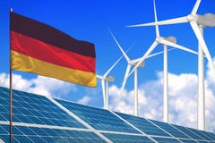 Duitsland zonne en windenergie, duurzame energieconcept met zonnepanelen - duurzame energie tegen het globale industrieel verwarm vector illustratie Duitsland zonne en windenergie, duurzame energieconcept met zonnepanelen - duurzame energie tegen het globale industrieel verwarm vector illustratie