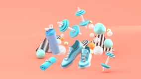 Dumbbell, Działający buty, Błękitny ręcznik Wśród kolorowych piłek na różowym tle ilustracji Dumbbell, Działający buty, Błękitny ręcznik Wśród kolorowych piłek na różowym tle ilustracji