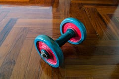 Dumbells sur le plancher en bois Image stock Dumbells sur le plancher en bois Image stock