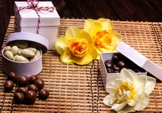 Dunkle und weiße Schokoladennüsse Stockfoto Dunkle und weiße Schokoladennüsse Stockfoto