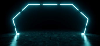 Dunkler moderner futuristischer ausländischer reflektierender leerer Raum mit blauem Neo lizenzfreie abbildung Dunkler moderner futuristischer ausländischer reflektierender leerer Raum mit blauem Neo lizenzfreie abbildung