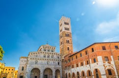 Duomo di San Martino San Martin cathedral facade and bell tower in historical centre of medieval town Lucca stock photography Duomo di San Martino San Martin cathedral facade and bell tower in historical centre of medieval town Lucca stock photography
