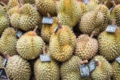 Durian in warenhuizen wordt verkocht dat Het Durianfruit dat een smaak van Thailand heeft wordt verkocht in een supermarkt royalty-vrije stock foto's Durian in warenhuizen wordt verkocht dat Het Durianfruit dat een smaak van Thailand heeft wordt verkocht in een supermarkt royalty-vrije stock foto's