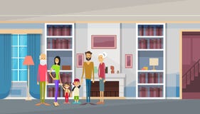 Duzi Rodzinni dziadkowie, rodzice, Dwa dzieciaka W Nowożytnego domu domu Żywym Izbowym wnętrzu ilustracji Duzi Rodzinni dziadkowie, rodzice, Dwa dzieciaka W Nowożytnego domu domu Żywym Izbowym wnętrzu ilustracji