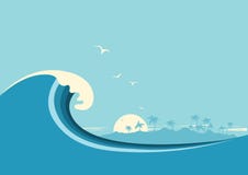 Duża ocean fala i tropikalna wyspa Wektorowy błękitny tło royalty ilustracja Duża ocean fala i tropikalna wyspa Wektorowy błękitny tło royalty ilustracja