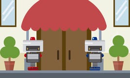 Dwa domowej robota pracownika ochrony pozyci przy wejściową bramą budynek royalty ilustracja Dwa domowej robota pracownika ochrony pozyci przy wejściową bramą budynek royalty ilustracja