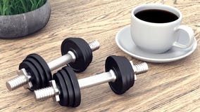 Dwa dumbbells i filiżanka kawy świadczenia 3 d ilustracji Dwa dumbbells i filiżanka kawy świadczenia 3 d ilustracji