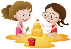 Dwa dziewczyny bawić się sandcastle na plaży ilustracji Dwa dziewczyny bawić się sandcastle na plaży ilustracji