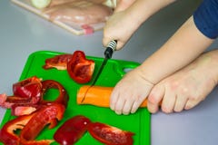 Dzieci i matka wręczają rżniętej marchewki zdjęcie stock Dzieci i matka wręczają rżniętej marchewki zdjęcie stock