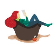 Dziewczyn kłamstwa na wyściełającym krześle i czytają magazyn, kubek gorący napojów stojaki obok ona Ilustracyjny cartoonish w mi ilustracji Dziewczyn kłamstwa na wyściełającym krześle i czytają magazyn, kubek gorący napojów stojaki obok ona Ilustracyjny cartoonish w mi ilustracji