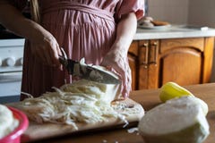 Dziewczyna strzępi kapusty z nożem Kuchnia kulinarnego gościa restauracji rżnięci warzywa Zakończenie zdjęcia stock Dziewczyna strzępi kapusty z nożem Kuchnia kulinarnego gościa restauracji rżnięci warzywa Zakończenie zdjęcia stock