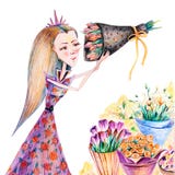 Dziewczyna z bukietami tulipany, róże, eustoma i mimoza, royalty ilustracja Dziewczyna z bukietami tulipany, róże, eustoma i mimoza, royalty ilustracja