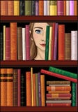 Dziewczyny twarz za półka na książki, wektorowa ilustracja ilustracja wektor Dziewczyny twarz za półka na książki, wektorowa ilustracja ilustracja wektor