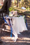 Décorations de mariage Zone en bois de photo située dans la forêt et décorée par la table, la chaise, le dôme en verre, les ruban images stock Décorations de mariage Zone en bois de photo située dans la forêt et décorée par la table, la chaise, le dôme en verre, les ruban images stock