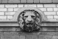 Détail principal de sculpture en buste de lion dans le mur - version noire et blanche photos stock Détail principal de sculpture en buste de lion dans le mur - version noire et blanche photos stock