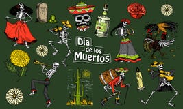 död dag Mexicansk nationell ferie Original- inskrift i Spanjor Diameter de los Muertos Skelett i dräkter vektor illustrationer död dag Mexicansk nationell ferie Original- inskrift i Spanjor Diameter de los Muertos Skelett i dräkter vektor illustrationer