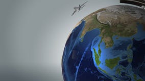 Düsenflugzeuge fliegen rund um den Globus von der Erde Düsenflugzeuge fliegen rund um den Globus von der Erde