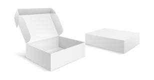 E A caixa branca vazia de papel, vetor fechado aberto do molde do pacote do modelo vazio da caixa isolou-se ilustração royalty free E A caixa branca vazia de papel, vetor fechado aberto do molde do pacote do modelo vazio da caixa isolou-se ilustração royalty free