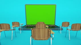 E-learning online education concept. School desks and laptop with green screen. Home quarantine distance learning