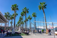 E 04 2019: Porthamn malaga med yachtpalmträd och folk arkivbild E 04 2019: Porthamn malaga med yachtpalmträd och folk arkivbild