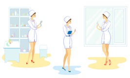 E Красивая медсестра в больнице Девушка принимает медицину в шприце для того чтобы дать пациенту впрыску, кладет дальше иллюстрация вектора E Красивая медсестра в больнице Девушка принимает медицину в шприце для того чтобы дать пациенту впрыску, кладет дальше иллюстрация вектора
