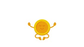 Earning money online. A funny coin levitates in a yoga pose.
