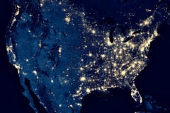Earth at night, view of city lights in United States from space. USA on world map on global satellite photo. US terrain on dark
