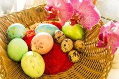 Easter And Quail Eggs In A Wicker Basket With Royalty Free Stock Photo