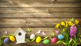 Easter background with colorful eggs and spring flowers stock image Easter background with colorful eggs and spring flowers stock image