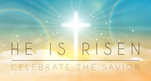 Easter banner with text 'He is risen', shining cross and heaven with white clouds.