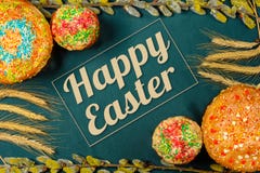 Easter bread with branches of willow on a monochrome blue background, texture with the inscription royalty free stock photo Easter bread with branches of willow on a monochrome blue background, texture with the inscription royalty free stock photo