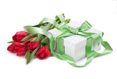 Easter concept. Spring tulip and gift box stock images Easter concept. Spring tulip and gift box stock images