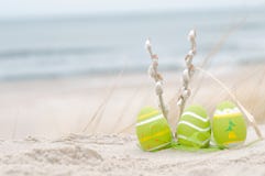 Easter Decorated Eggs On Sand Royalty Free Stock Images