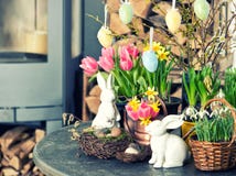 Easter Decoration With Flowers And Eggs. Tulips And Narcissus Stock Photo Easter Decoration With Flowers And Eggs. Tulips And Narcissus Stock Photo