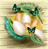 Easter Greeting Card With Nest Full Of Eggs And Colorful Ferns Stock Images