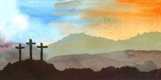Easter scene with cross. Jesus Christ. Watercolor vector illustration. Watercolor vector illustration. Hand drawn Easter scene with cross. Jesus Christ