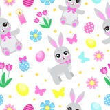 Easter seamless pattern with flowers, butterflies, rabbit and eggs. Spring cute repeating textures. Children`s, baby royalty free illustration Easter seamless pattern with flowers, butterflies, rabbit and eggs. Spring cute repeating textures. Children`s, baby royalty free illustration