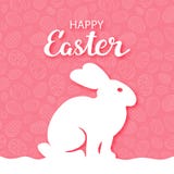 Easter simple postcard. Outlines of a hare in profile on a red background with a pattern of eggs. With congratulatory inscription. stock illustration Easter simple postcard. Outlines of a hare in profile on a red background with a pattern of eggs. With congratulatory inscription. stock illustration