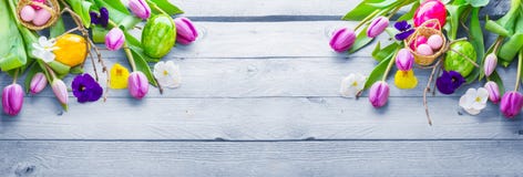 Easter Wallpaper, Spring Flowers And Easter Eggs On Wood, Royalty Free Stock Photography
