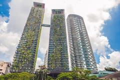 Eco arkitektur Grön skyskrapabyggnad med växter som växer på fasaden Ekologi- och gräsplanuppehälle i staden, stads- miljö Fotografering för Bildbyråer Eco arkitektur Grön skyskrapabyggnad med växter som växer på fasaden Ekologi- och gräsplanuppehälle i staden, stads- miljö Fotografering för Bildbyråer