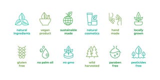 Eco line badge. Handmade eco logos, natural organic cosmetics vegan food symbols, Vector linear gluten free, no gmo
