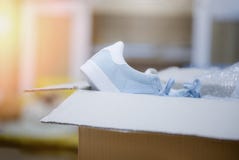Ecommerceleverans som direktanslutet shoppar, och beställningsbegrepp som säljer packande skogymnastikskor för online-shopping i arkivbilder Ecommerceleverans som direktanslutet shoppar, och beställningsbegrepp som säljer packande skogymnastikskor för online-shopping i arkivbilder