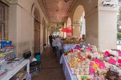 Pastries for sale under the arcades of Calderon square royalty free stock photography Pastries for sale under the arcades of Calderon square royalty free stock photography