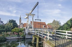 Drawbridge, houses and church in Edam royalty free stock photos Drawbridge, houses and church in Edam royalty free stock photos