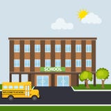 Edificio scolastico con lo scuolabus illustrazione di stock Edificio scolastico con lo scuolabus illustrazione di stock