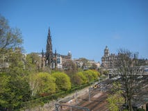Edinburgh city center with Scott Monument and Princes Street Gardens stock photos Edinburgh city center with Scott Monument and Princes Street Gardens stock photos
