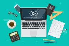 Education online via laptop vector illustration, flat cartoon table with computer showing distance learning video lesson Stock Images Education online via laptop vector illustration, flat cartoon table with computer showing distance learning video lesson Stock Images
