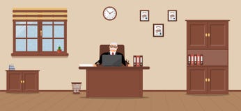 Een bejaarde zakenmanzitting in de werkplaats in een ruim bureau op een roomachtergrond stock illustratie Een bejaarde zakenmanzitting in de werkplaats in een ruim bureau op een roomachtergrond stock illustratie