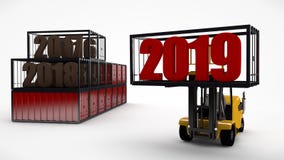 Een 3D illustratie van een vorkheftruck die de datum 2019 en de ladingscontainers houdt waarin de afgelopen jaren worden opgeslag vector illustratie Een 3D illustratie van een vorkheftruck die de datum 2019 en de ladingscontainers houdt waarin de afgelopen jaren worden opgeslag vector illustratie